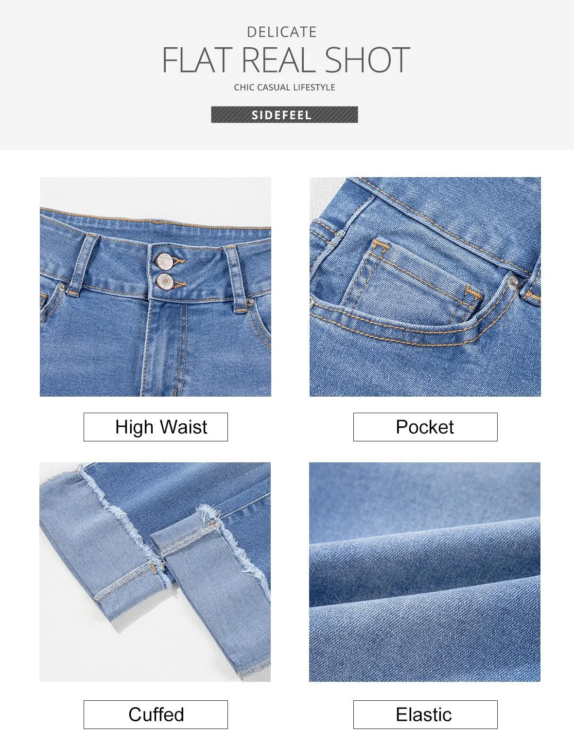 Sidefeel Women's Capri Jeans High Waisted Stretchy Roll-up Skinny Cuffed Cropped Zimbaplatinum Summer Capri Pants