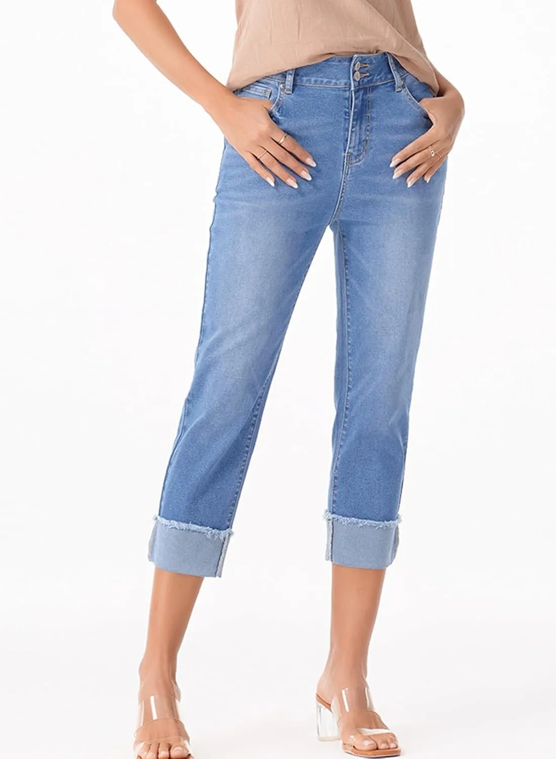 Sidefeel Women's Capri Jeans High Waisted Stretchy Roll-up Skinny Cuffed Cropped Zimbaplatinum Summer Capri Pants