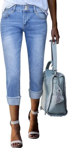 Sidefeel Women's Capri Jeans High Waisted Stretchy Roll-up Skinny Cuffed Cropped Zimbaplatinum Summer Capri Pants