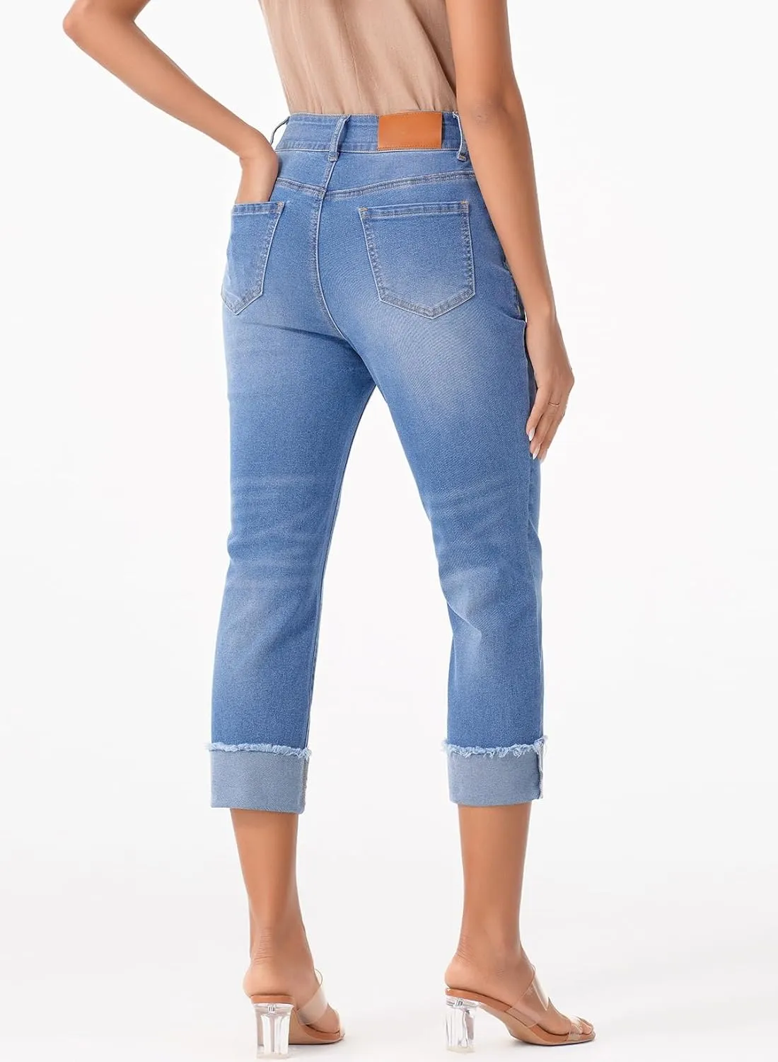 Sidefeel Women's Capri Jeans High Waisted Stretchy Roll-up Skinny Cuffed Cropped Zimbaplatinum Summer Capri Pants