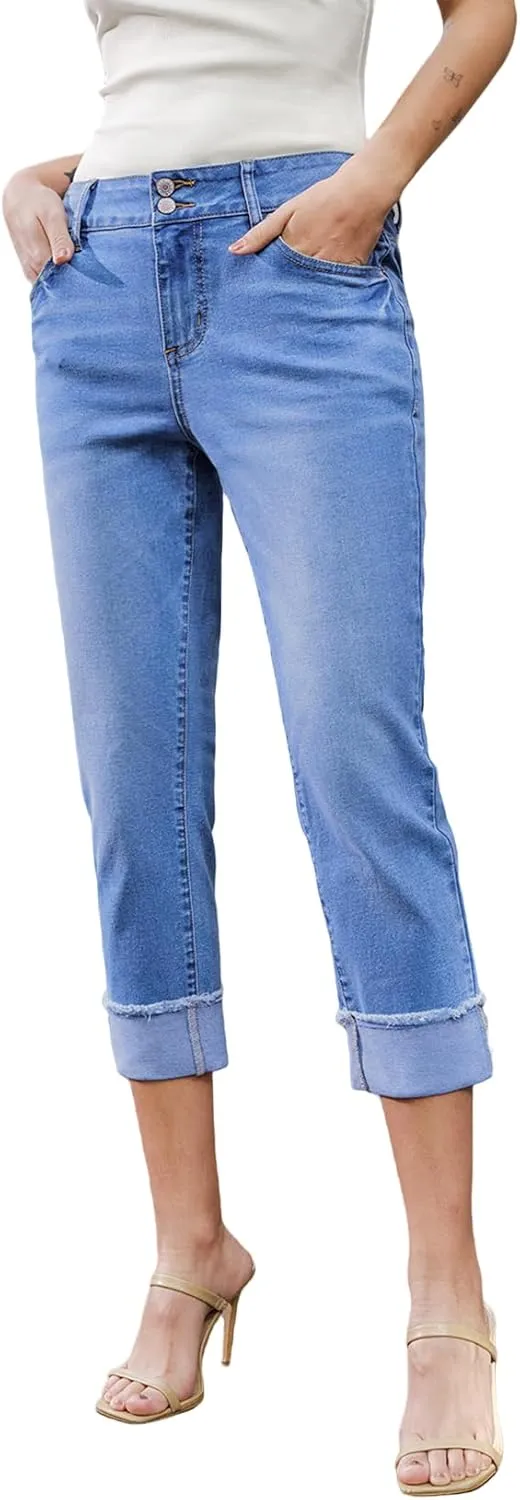 Sidefeel Women's Capri Jeans High Waisted Stretchy Roll-up Skinny Cuffed Cropped Zimbaplatinum Summer Capri Pants