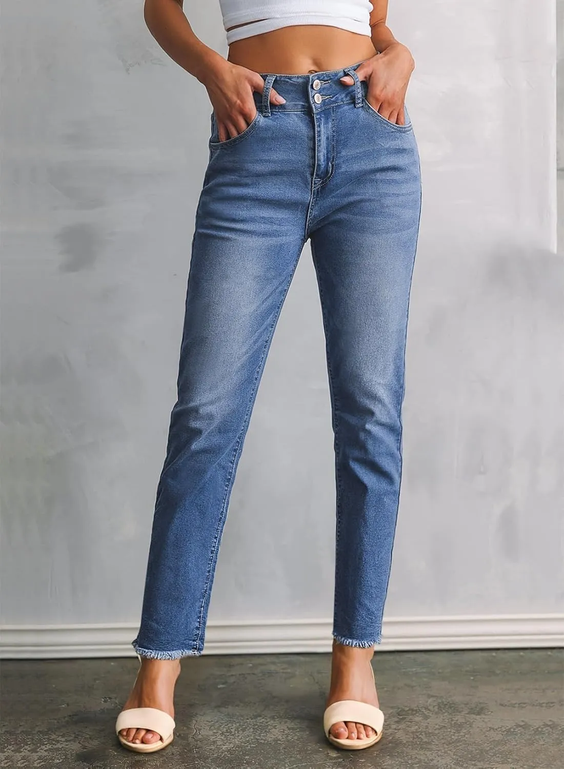 Sidefeel Women's High Waisted Jeans Strechy Fashion Raw Hem Straight Leg Ankle Denim Pants with Pockets