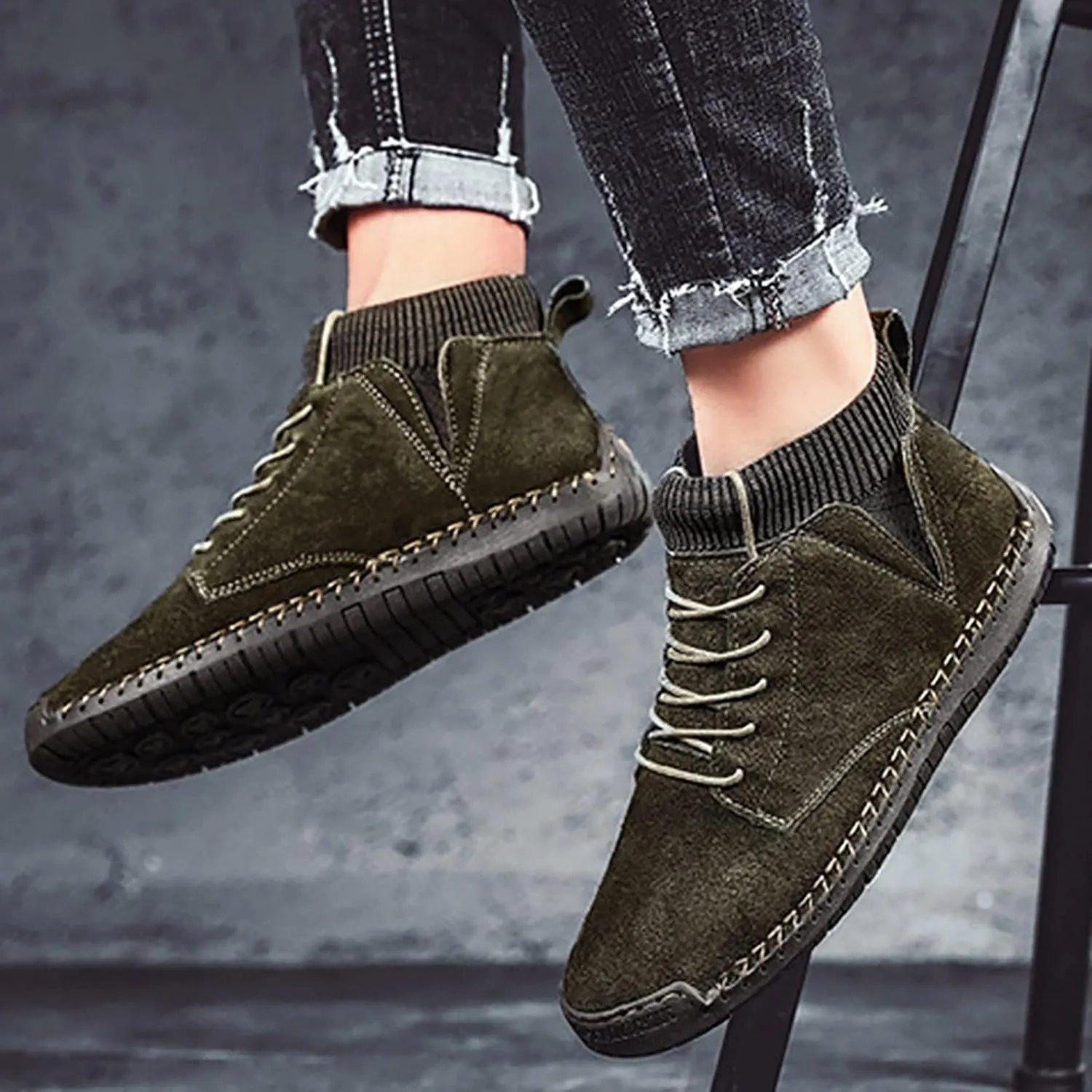 Slip on Walking Shoes for Men Comfy PU Leather Memory Foam Ultra Lightweight Breathable Fashion Knitted Sock High Top Sneakers Non Slip Indoor Outdoor Sports Work Shoes for Men