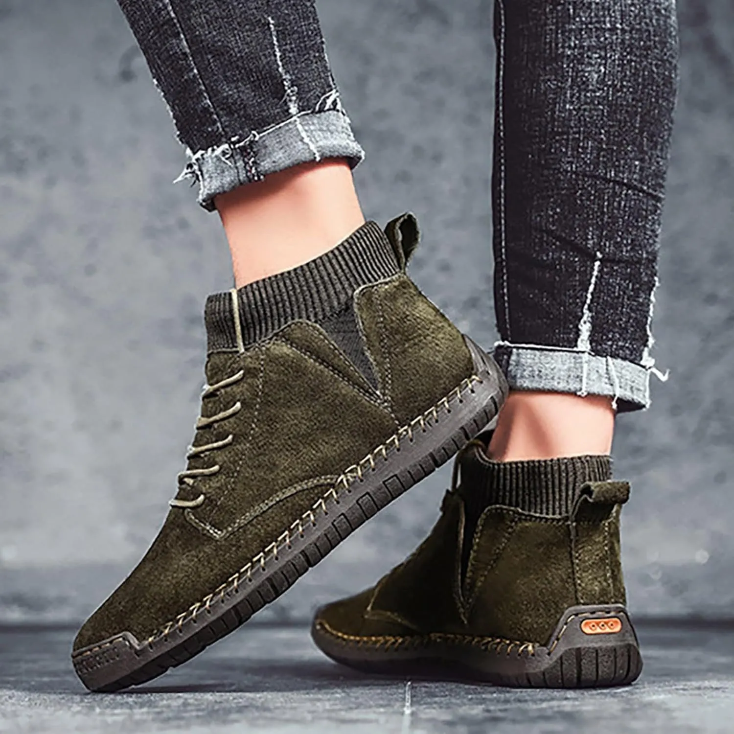 Slip on Walking Shoes for Men Comfy PU Leather Memory Foam Ultra Lightweight Breathable Fashion Knitted Sock High Top Sneakers Non Slip Indoor Outdoor Sports Work Shoes for Men