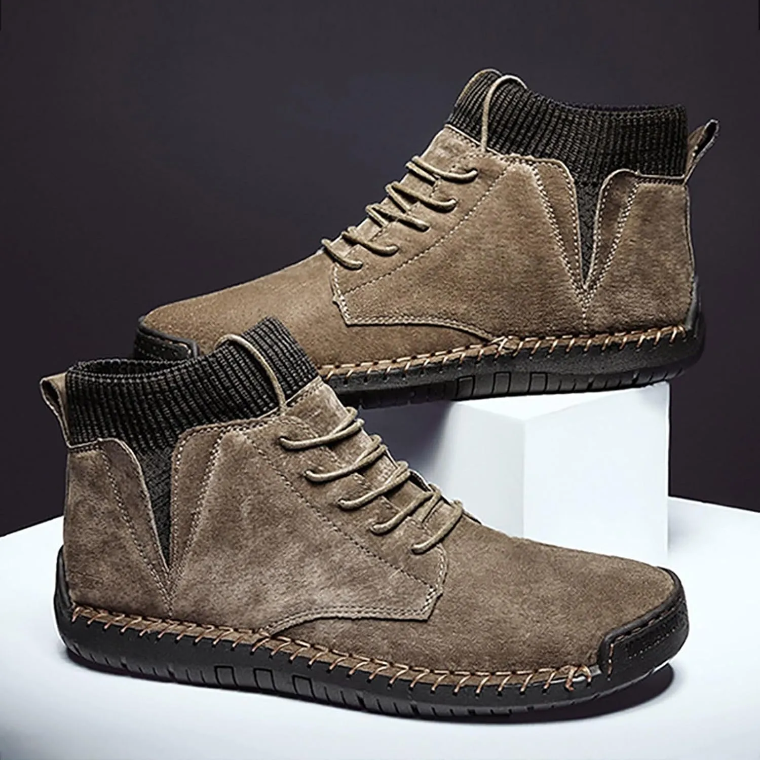 Slip on Walking Shoes for Men Comfy PU Leather Memory Foam Ultra Lightweight Breathable Fashion Knitted Sock High Top Sneakers Non Slip Indoor Outdoor Sports Work Shoes for Men