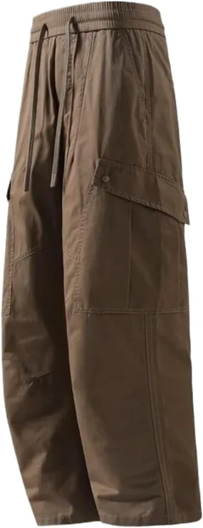 Spring Summer Men Straight Cargo Pants Multi-Pockets Drawstring Waist Casual Pants Male Loose Cargo Trousers