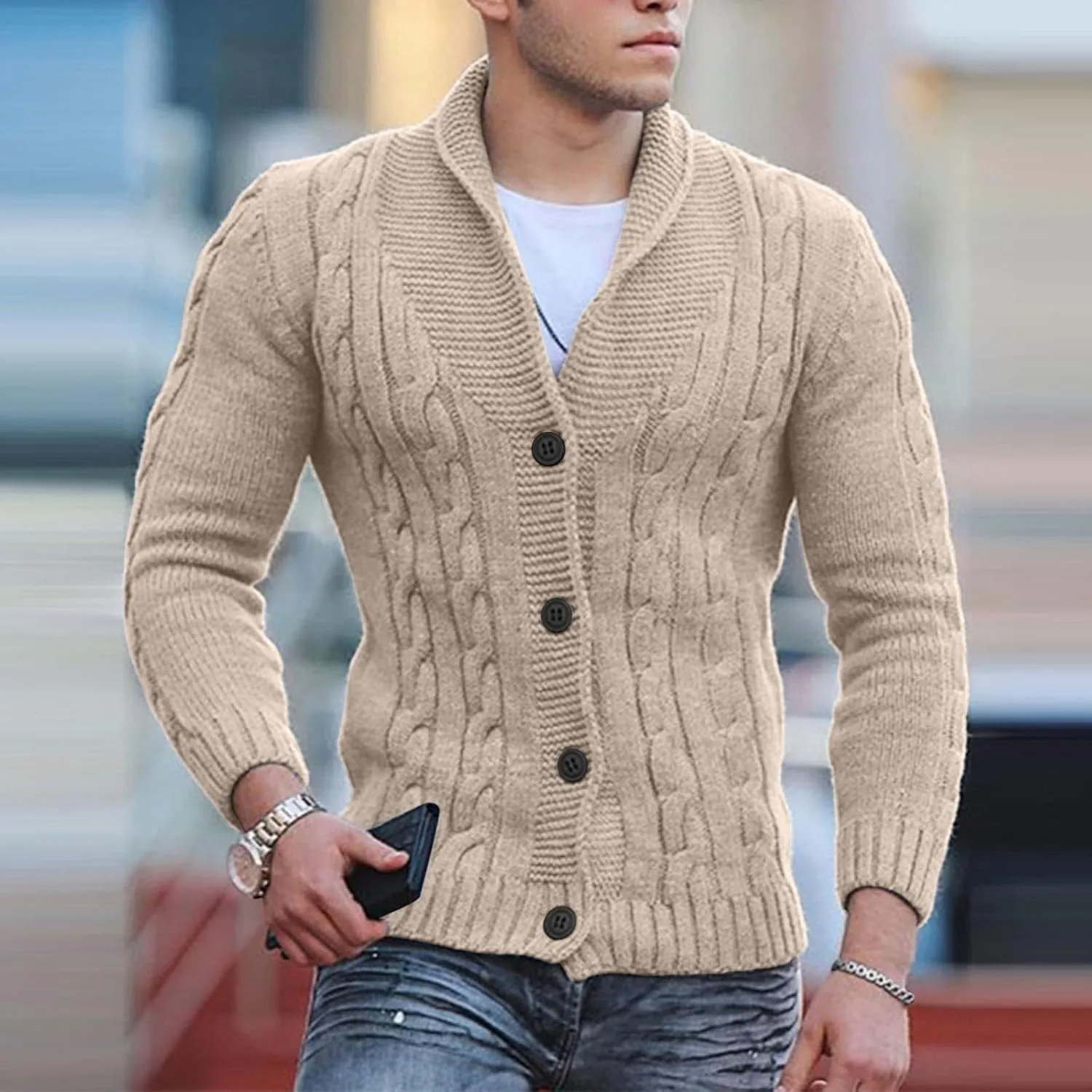 Sweaters for Men Mens V Neck Button Down Long Sleeve Knitted Cardigan Sweaters with 2 Front Pockets
