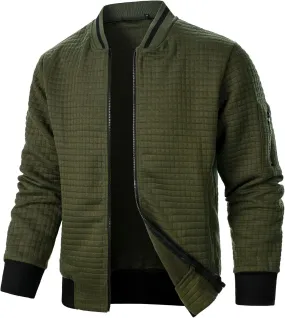 Thatrich Mens Plaid Shirt Long Sleeve Zip Up Jacket Lightweight Fall Coat Solid Color Bomber Jacket Varsity Tops Trendy Coats
