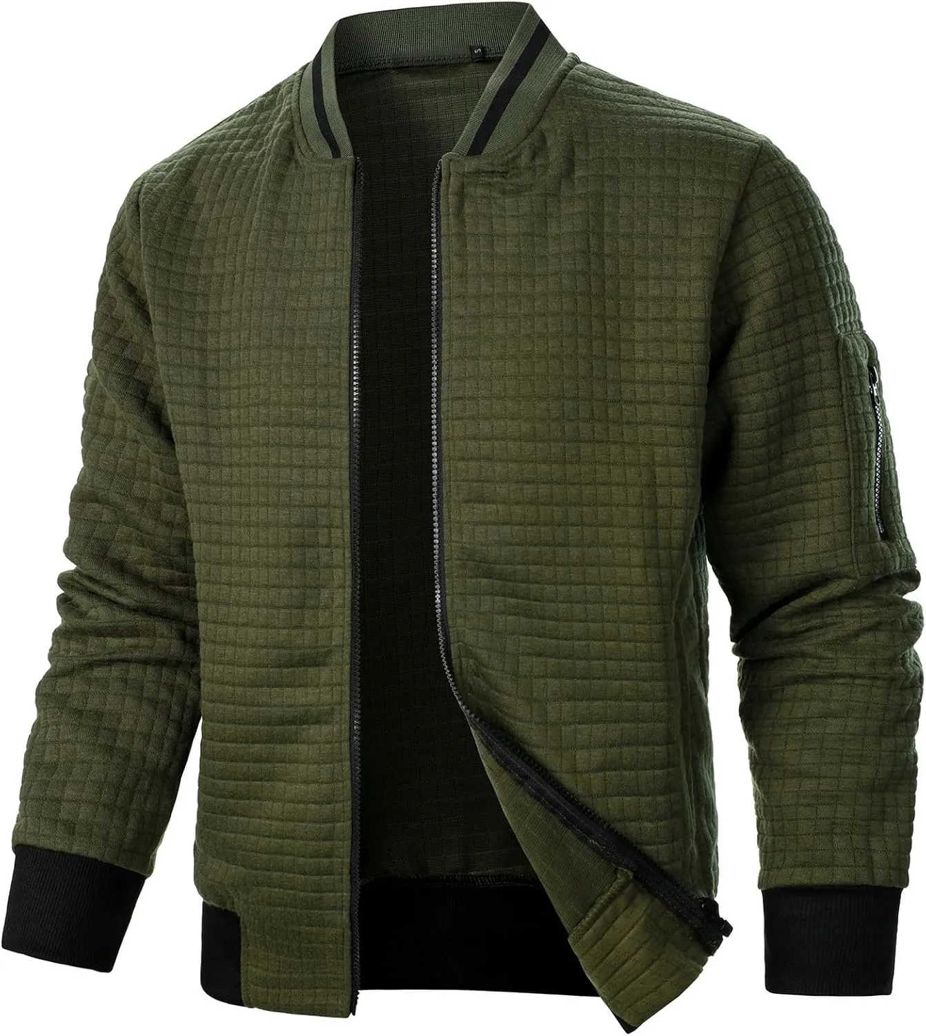 Thatrich Mens Plaid Shirt Long Sleeve Zip Up Jacket Lightweight Fall Coat Solid Color Bomber Jacket Varsity Tops Trendy Coats