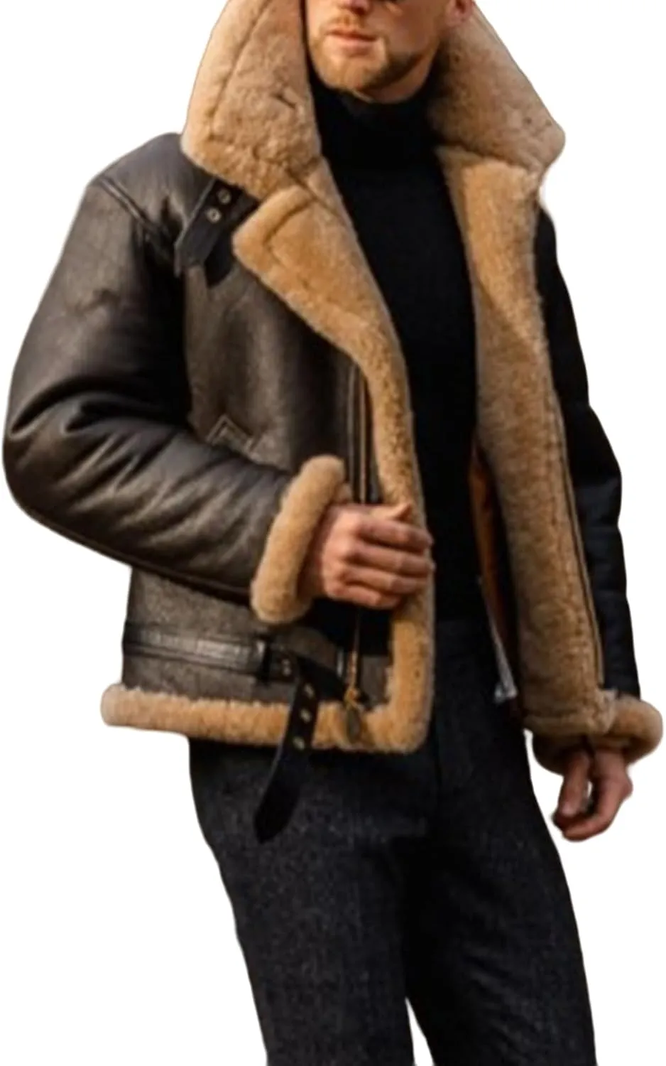 Thatrich Men's Winter Coats Faux Leather Jacket Faux Fur Collar Cardigan Cropped Winter Coat Warm Sherpa Lined Overcoat Coat