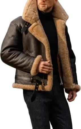 Thatrich Men's Winter Coats Faux Leather Jacket Faux Fur Collar Cardigan Cropped Winter Coat Warm Sherpa Lined Overcoat Coat
