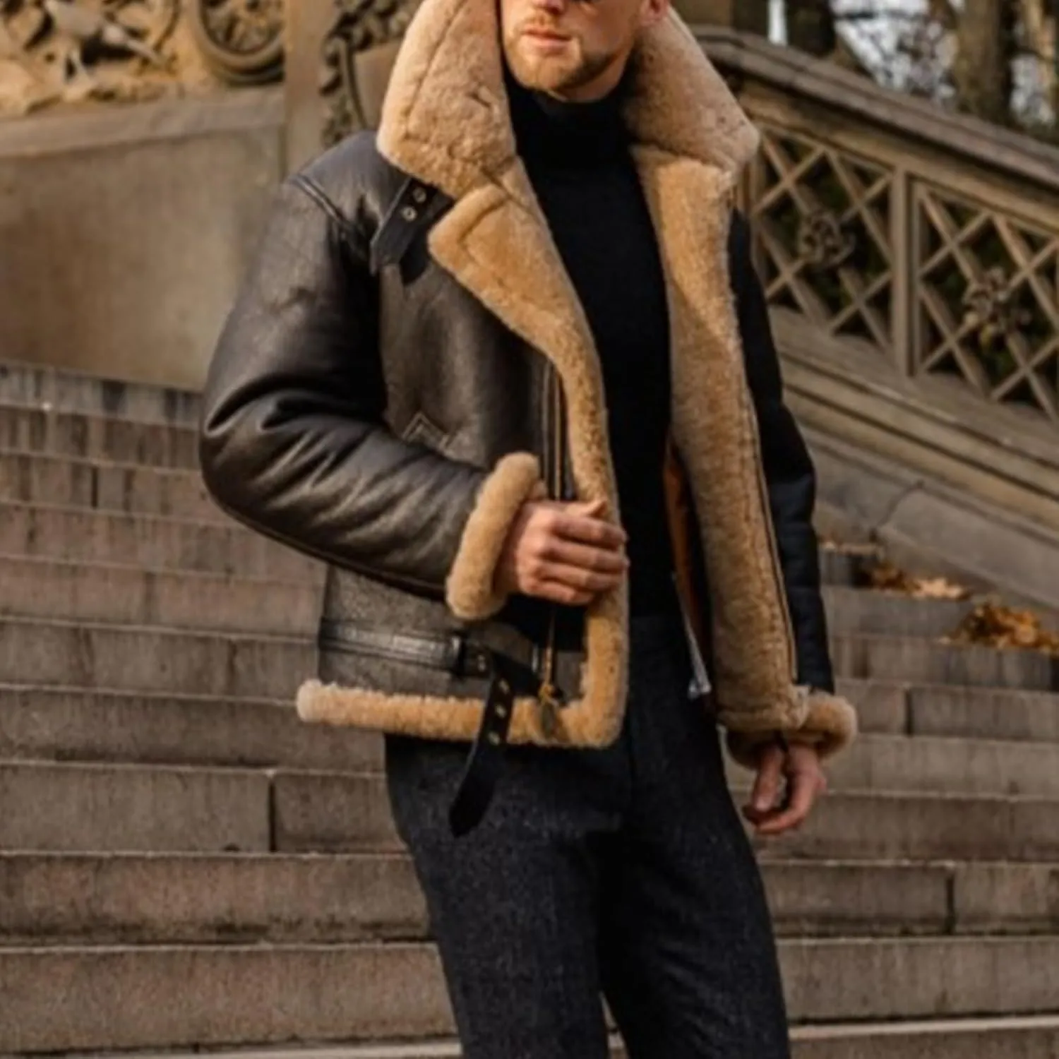 Thatrich Men's Winter Coats Faux Leather Jacket Faux Fur Collar Cardigan Cropped Winter Coat Warm Sherpa Lined Overcoat Coat