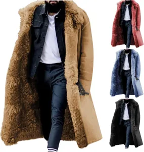 Thatrich Sherpa Lined Long Jacket Men Faux Leather Shearling Jacket Oversized Trench Coats Fleece Winter Coat Trendy Outwear
