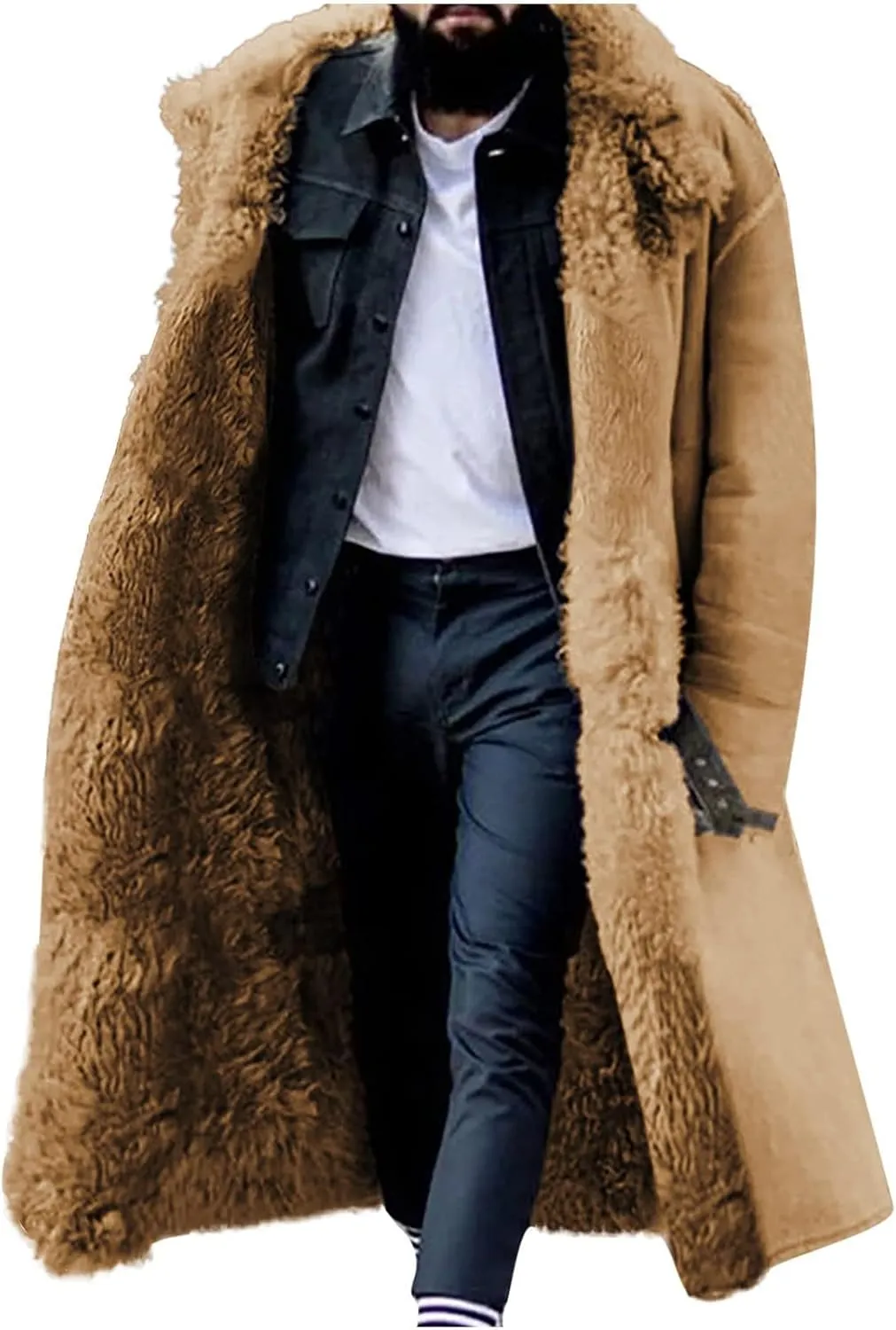 Thatrich Sherpa Lined Long Jacket Men Faux Leather Shearling Jacket Oversized Trench Coats Fleece Winter Coat Trendy Outwear