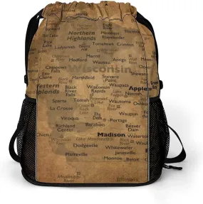 Vintage Maps of Wisconsin Storage Bag Drawstring Sports Pocket Backpack, Shoe Bags, Multi-Function Bags