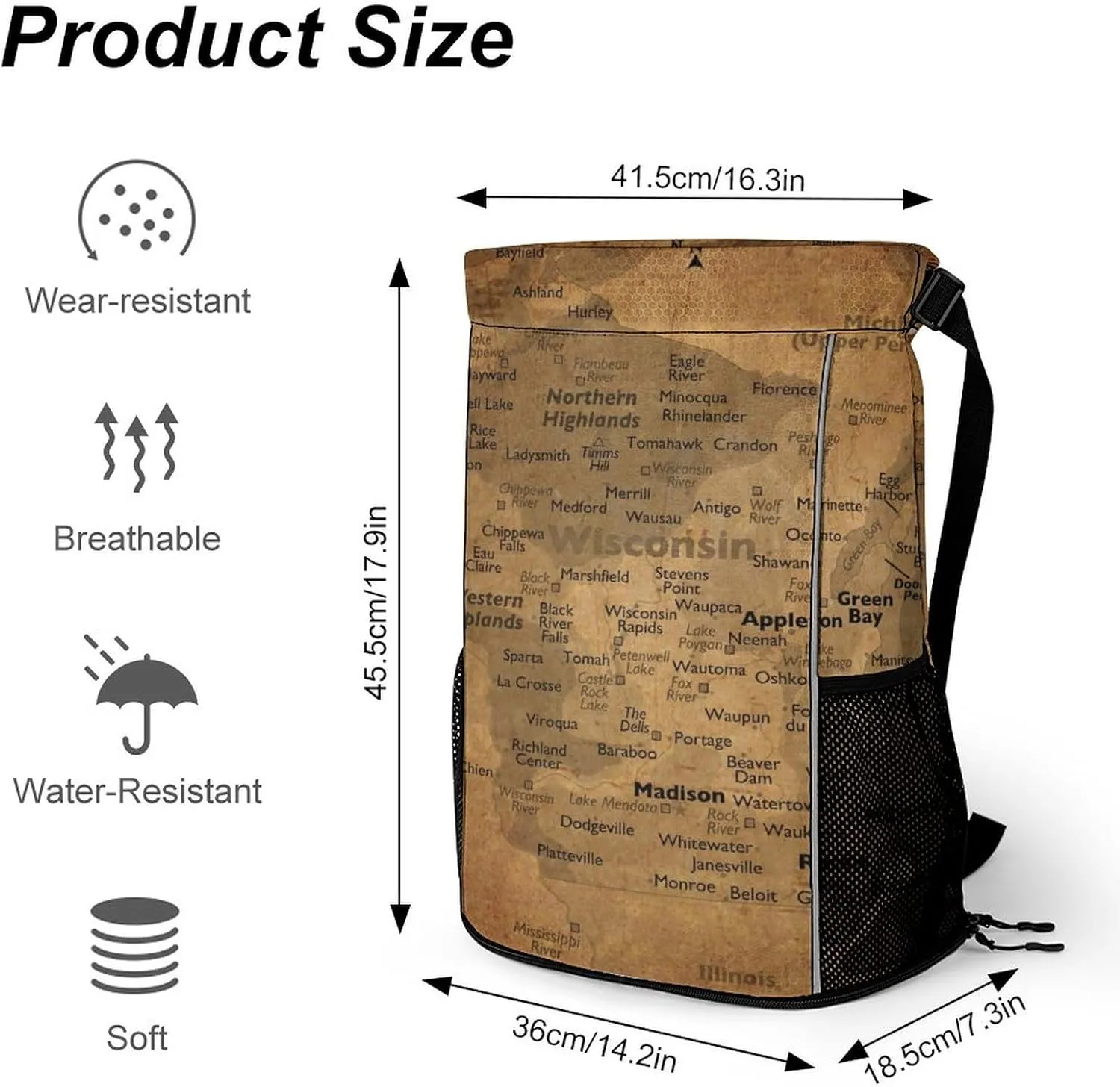 Vintage Maps of Wisconsin Storage Bag Drawstring Sports Pocket Backpack, Shoe Bags, Multi-Function Bags