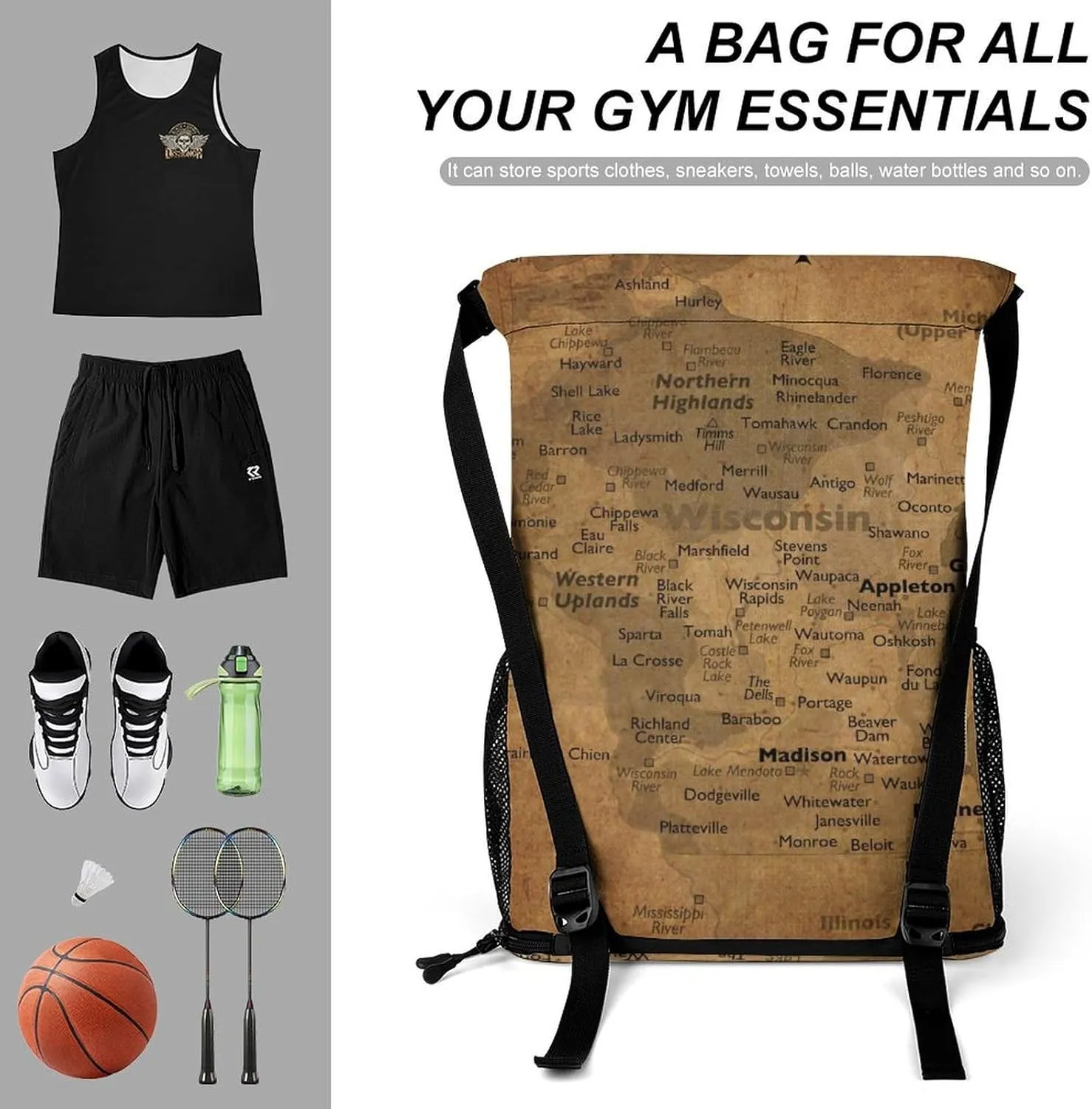 Vintage Maps of Wisconsin Storage Bag Drawstring Sports Pocket Backpack, Shoe Bags, Multi-Function Bags