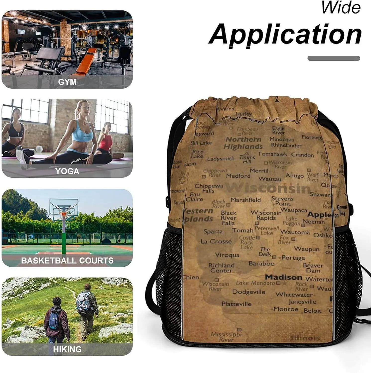 Vintage Maps of Wisconsin Storage Bag Drawstring Sports Pocket Backpack, Shoe Bags, Multi-Function Bags