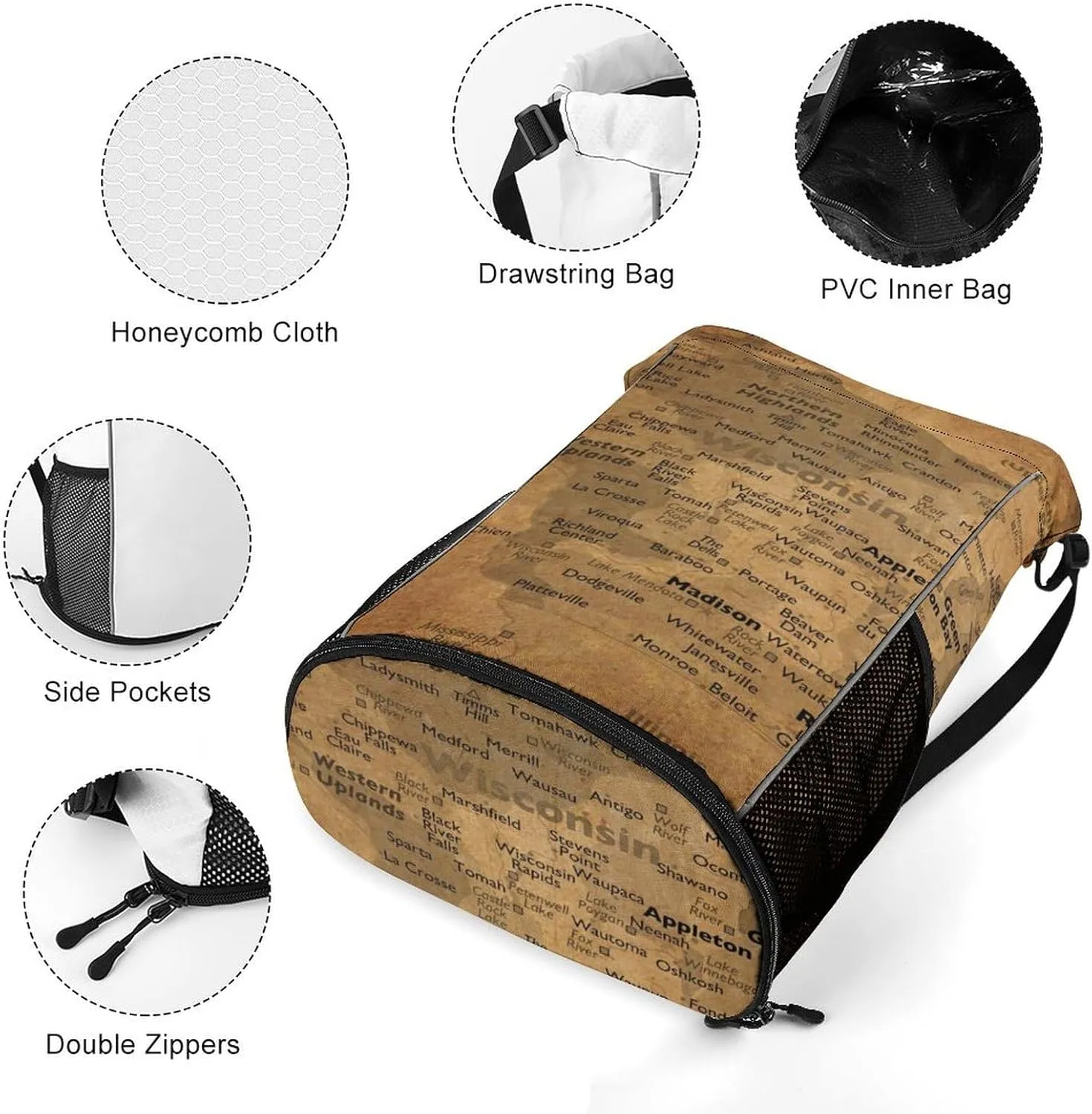 Vintage Maps of Wisconsin Storage Bag Drawstring Sports Pocket Backpack, Shoe Bags, Multi-Function Bags