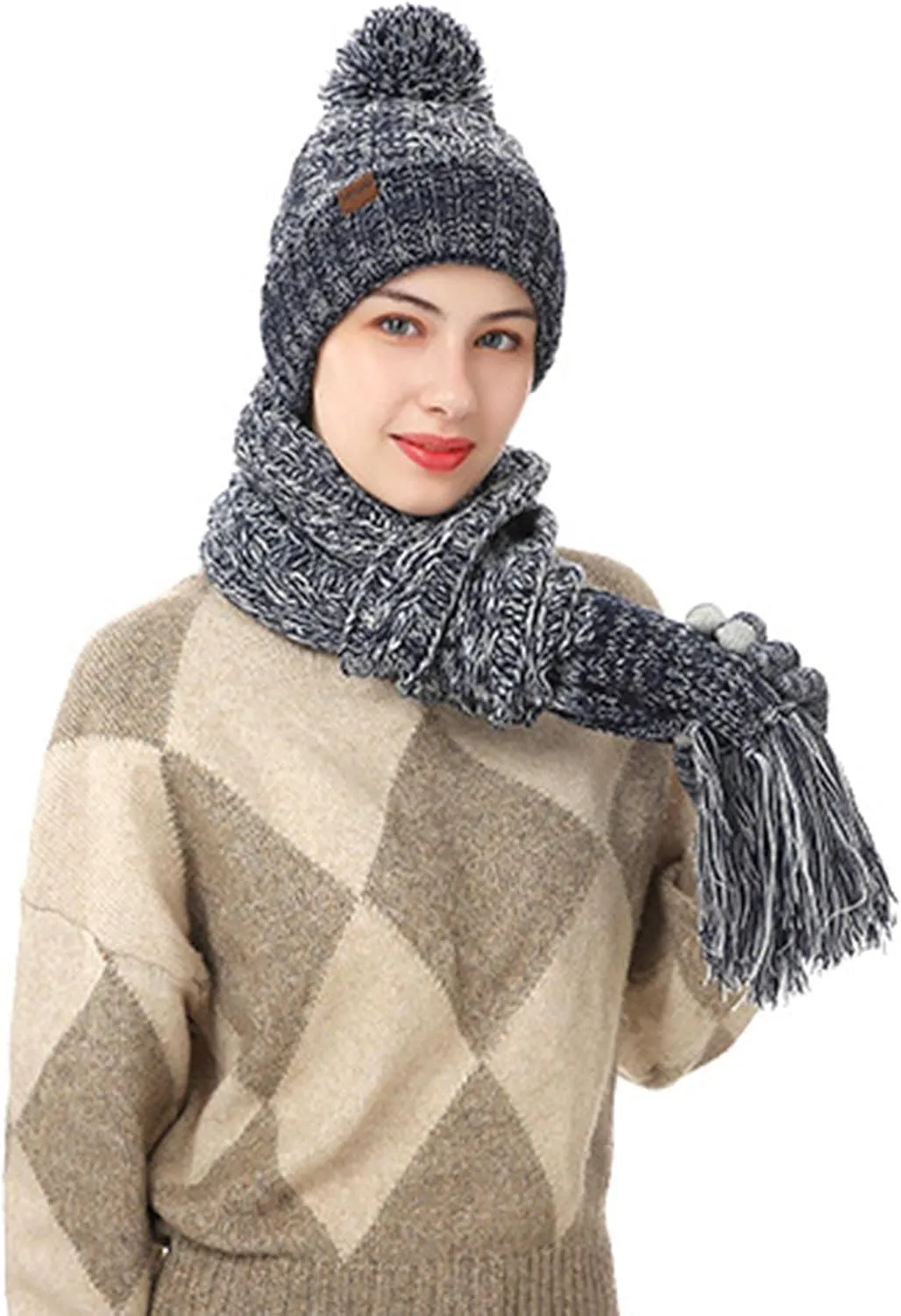Warmer Winter Warm Knitted Sets Slouchy Beanie Hats Neck Scarves Touchscreen Gloves Scarf Themal Set for Men Women