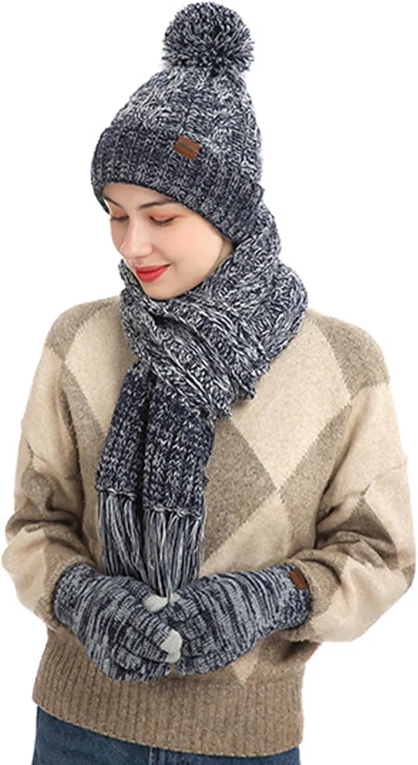 Warmer Winter Warm Knitted Sets Slouchy Beanie Hats Neck Scarves Touchscreen Gloves Scarf Themal Set for Men Women