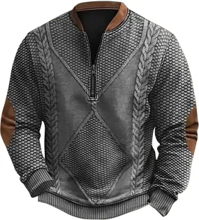 Whitecloths Life Clothing Men Vintage 3D Sweater Cable Knit Print Hoodie Whitecloths Stand Collar Zip-Up Sweatshirt