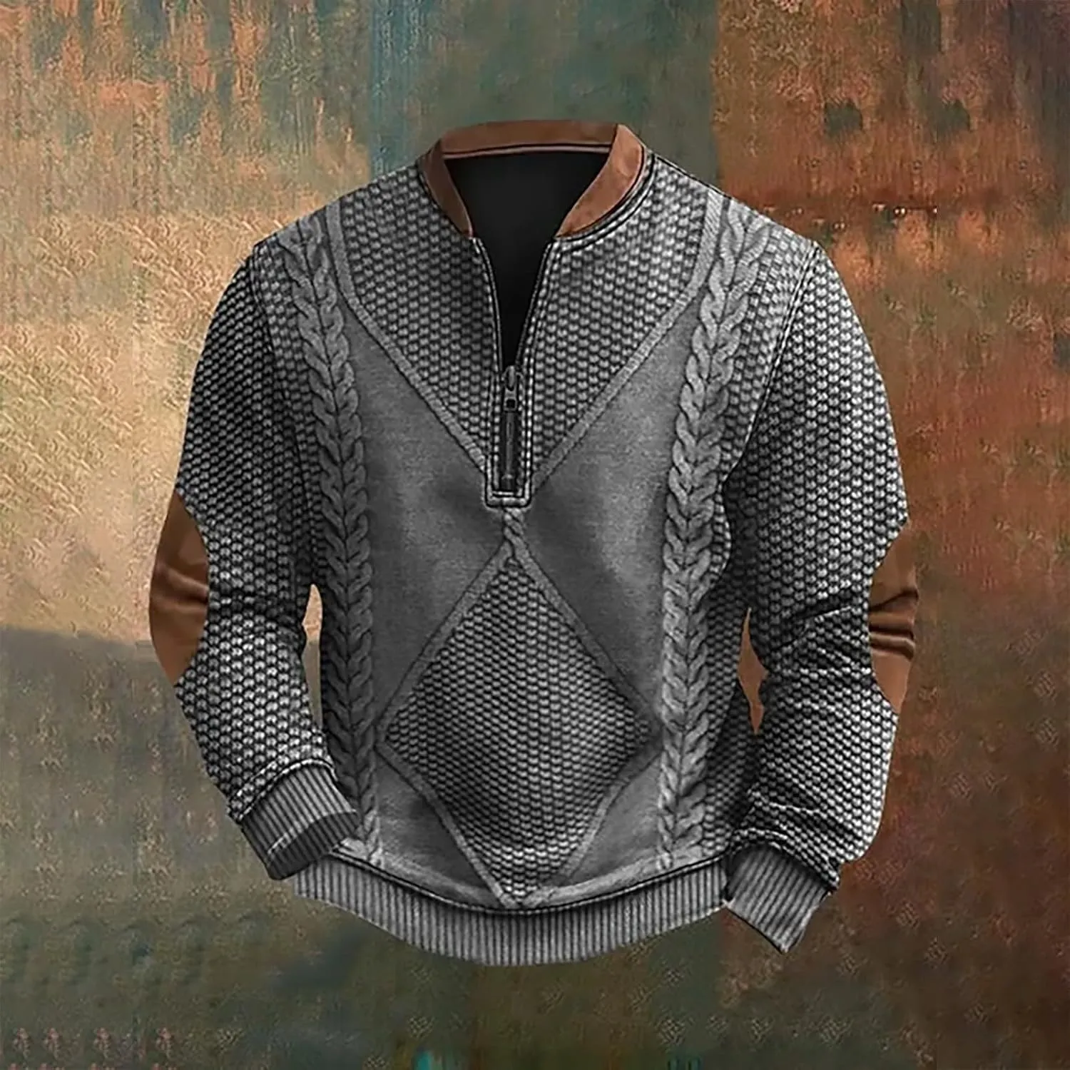 Whitecloths Life Clothing Men Vintage 3D Sweater Cable Knit Print Hoodie Whitecloths Stand Collar Zip-Up Sweatshirt