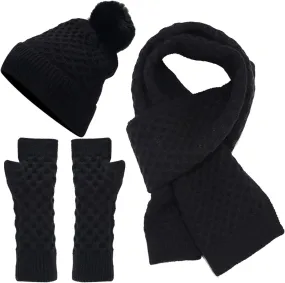 Winter Beanie Hat Scarf Gloves Set for Women Men Beanie Long Scarf Neck Warmer Touchscreen Gloves Scarves Gifts Set