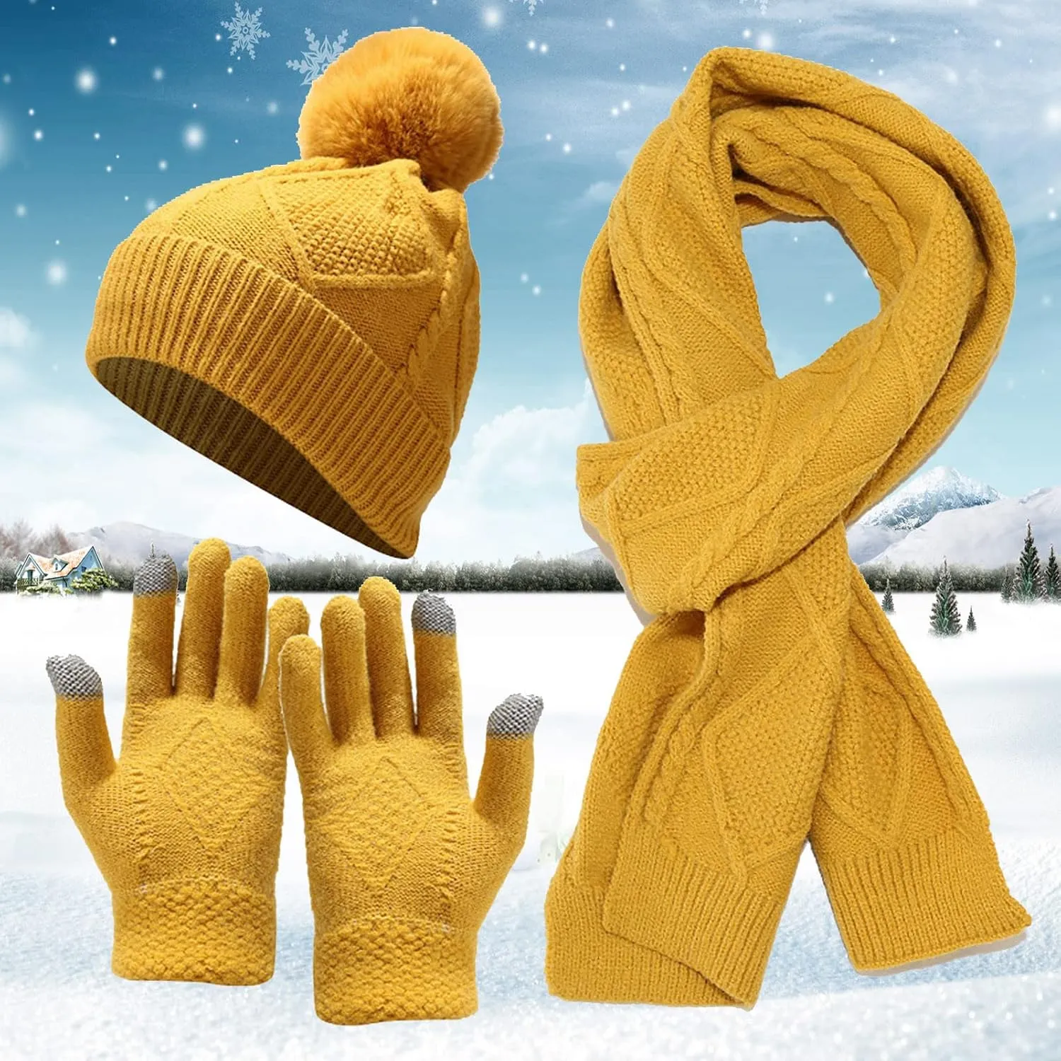 Winter Beanie Hat Scarf Gloves, Women Men Warm Wool Knit Hat Long Scarf Neck Warmer Touch Screen Gloves Set Gifts