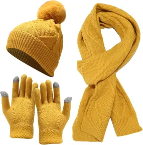 Winter Beanie Hat Scarf Gloves, Women Men Warm Wool Knit Hat Long Scarf Neck Warmer Touch Screen Gloves Set Gifts