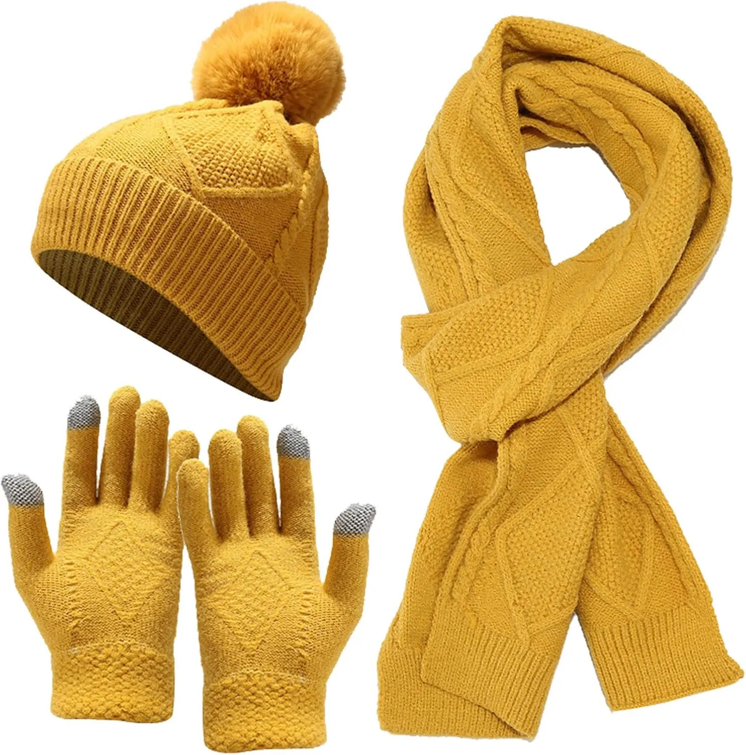 Winter Beanie Hat Scarf Gloves, Women Men Warm Wool Knit Hat Long Scarf Neck Warmer Touch Screen Gloves Set Gifts