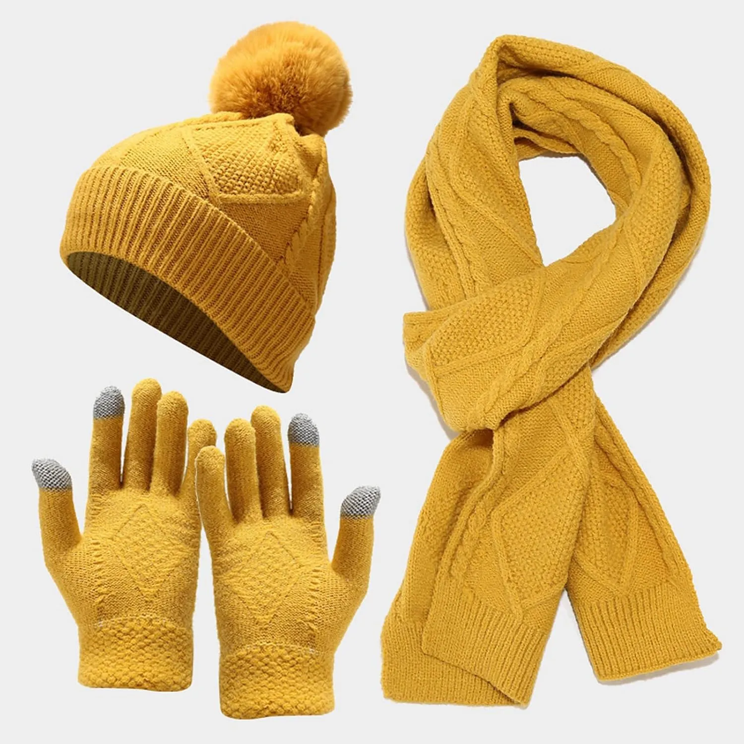 Winter Beanie Hat Scarf Gloves, Women Men Warm Wool Knit Hat Long Scarf Neck Warmer Touch Screen Gloves Set Gifts