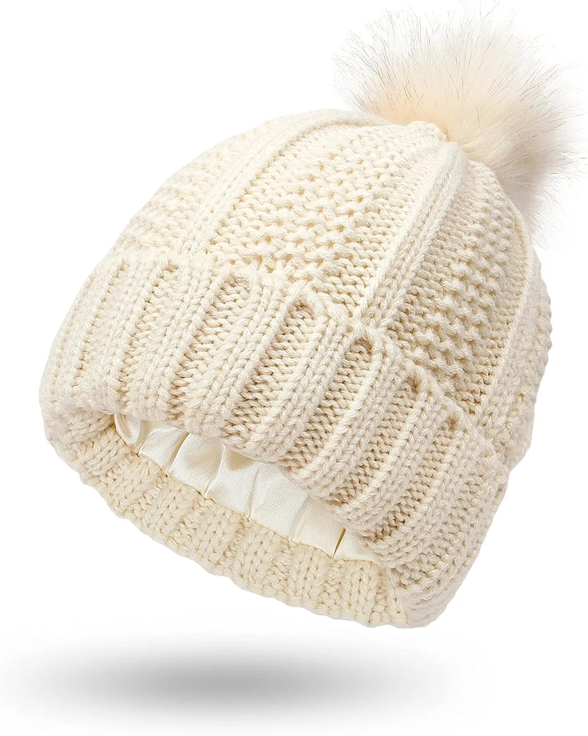 Winter Beanie Hats for Women Warm Cable Knitted Beanies with Pompom Soft Thermal Satin Lined Skull Cap Chunky Hat