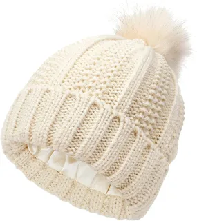 Winter Beanie Hats for Women Warm Cable Knitted Beanies with Pompom Soft Thermal Satin Lined Skull Cap Chunky Hat