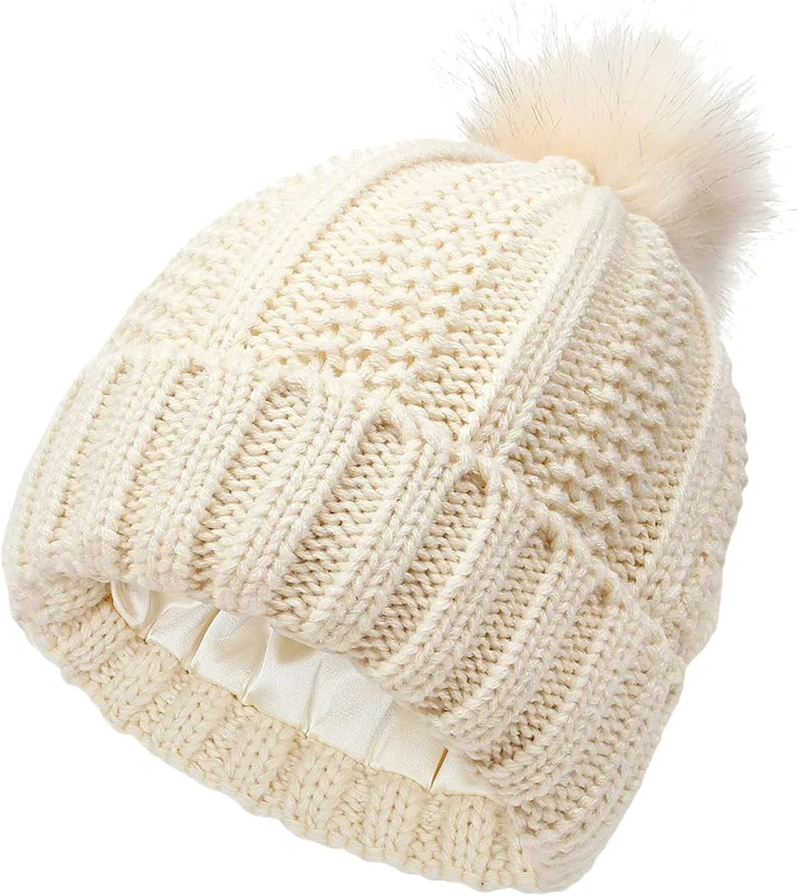 Winter Beanie Hats for Women Warm Cable Knitted Beanies with Pompom Soft Thermal Satin Lined Skull Cap Chunky Hat
