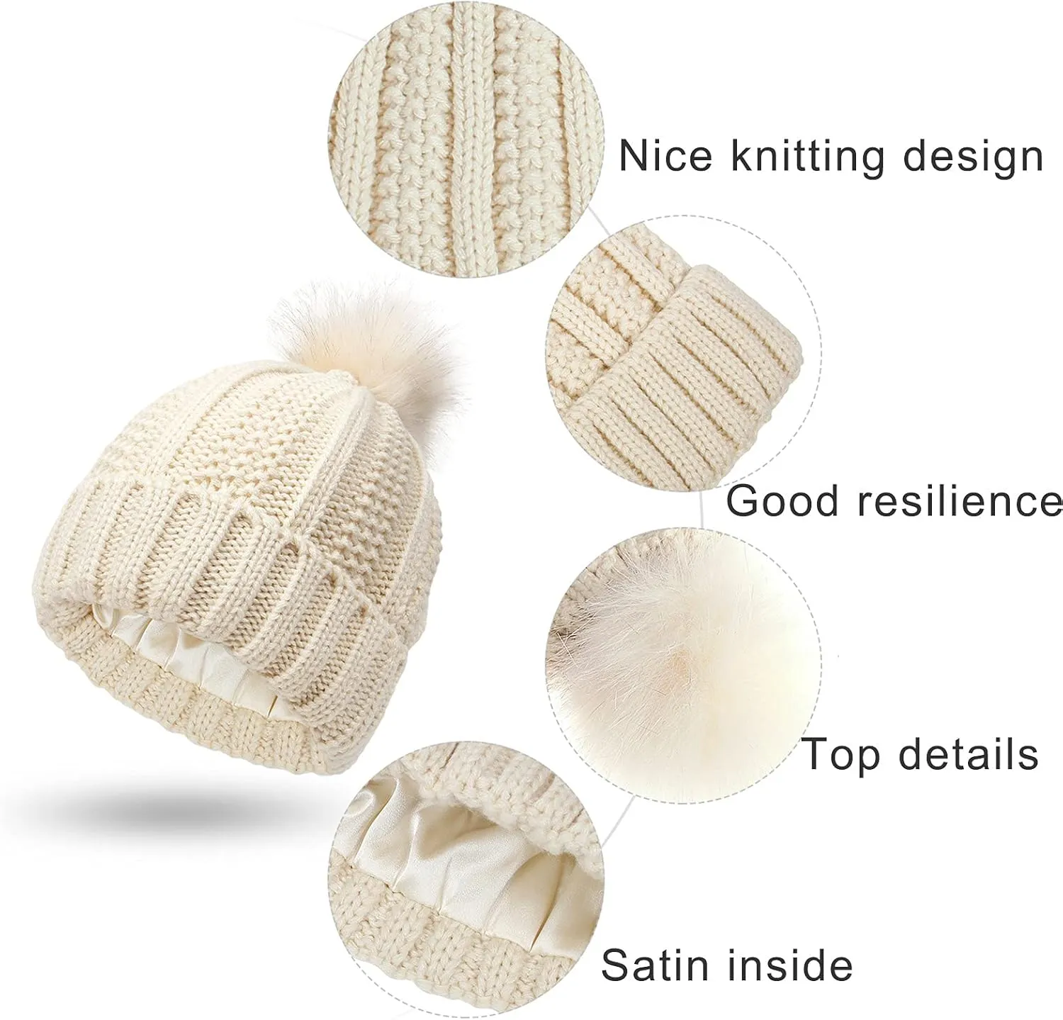Winter Beanie Hats for Women Warm Cable Knitted Beanies with Pompom Soft Thermal Satin Lined Skull Cap Chunky Hat