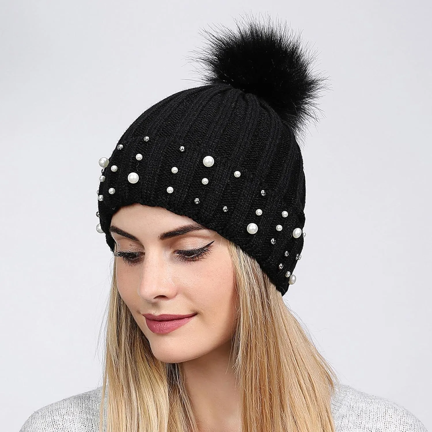 Winter Beanie Hats for Women Warm Cable Knitted Faux Fur Pompom Beanies with Pearls Soft Thermal Skull Ski Cap Hat