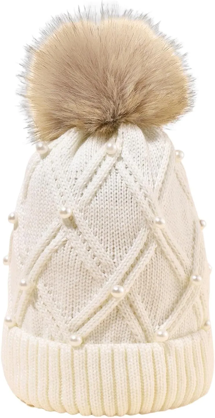 Winter Beanie Hats for Women Warm Cable Knitted Faux Fur Pompom Beanies with Pearls Soft Thermal Skull Ski Cap Hat