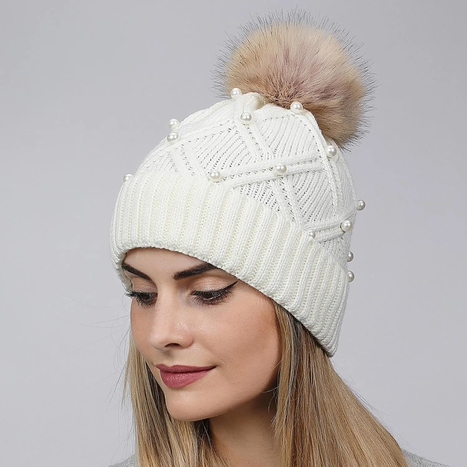 Winter Beanie Hats for Women Warm Cable Knitted Faux Fur Pompom Beanies with Pearls Soft Thermal Skull Ski Cap Hat