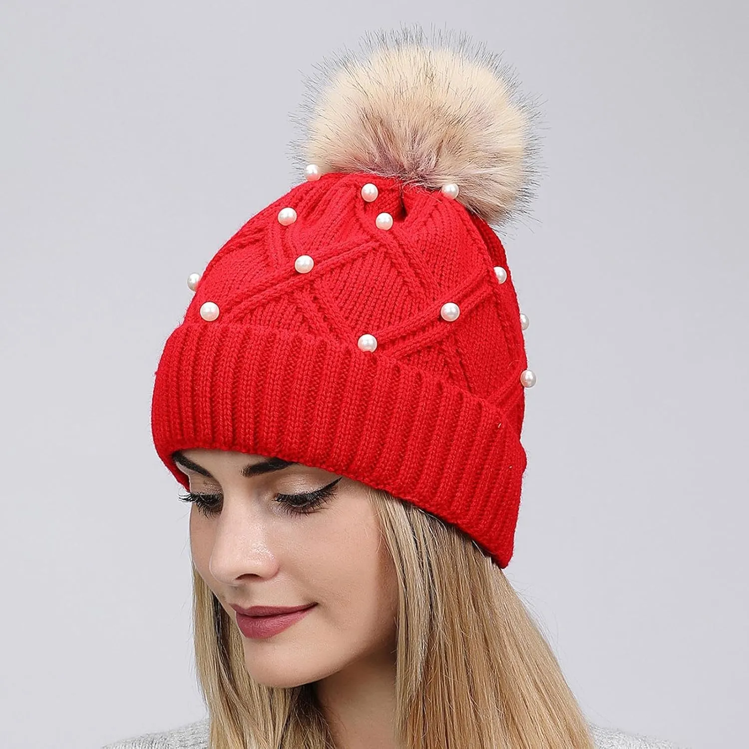 Winter Beanie Hats for Women Warm Cable Knitted Faux Fur Pompom Beanies with Pearls Soft Thermal Skull Ski Cap Hat