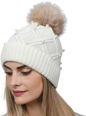 Winter Beanie Hats for Women Warm Cable Knitted Faux Fur Pompom Beanies with Pearls Soft Thermal Skull Ski Cap Hat