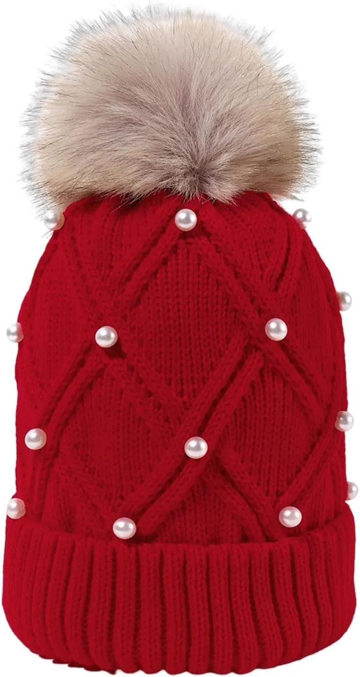 Winter Beanie Hats for Women Warm Cable Knitted Faux Fur Pompom Beanies with Pearls Soft Thermal Skull Ski Cap Hat