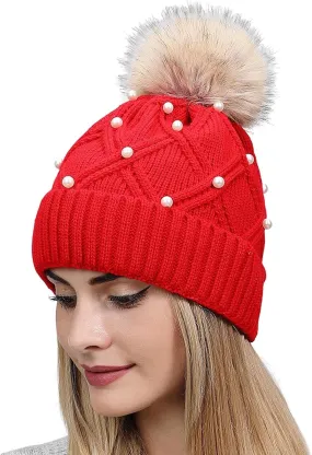 Winter Beanie Hats for Women Warm Cable Knitted Faux Fur Pompom Beanies with Pearls Soft Thermal Skull Ski Cap Hat