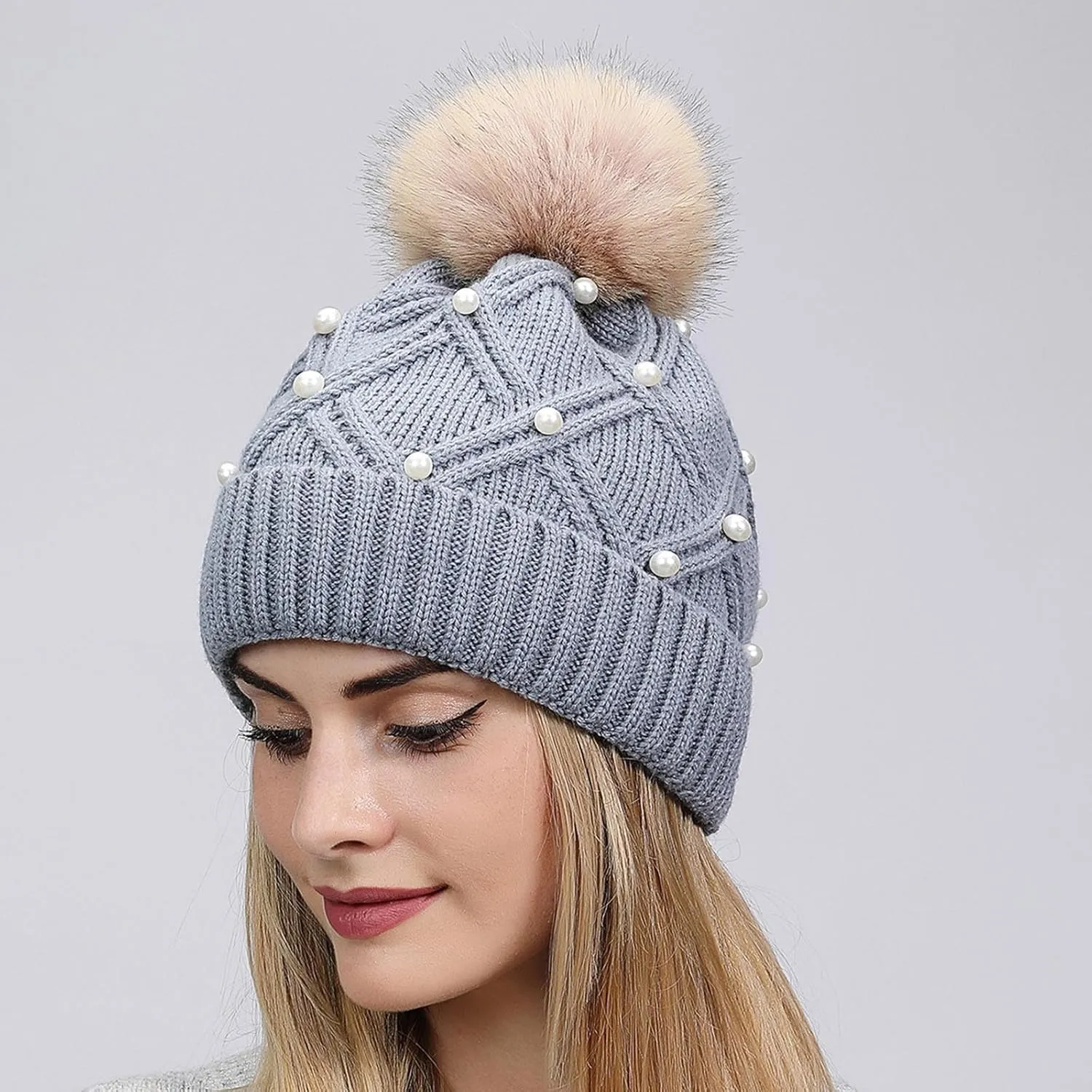 Winter Beanie Hats for Women Warm Cable Knitted Faux Fur Pompom Beanies with Pearls Soft Thermal Skull Ski Cap Hat