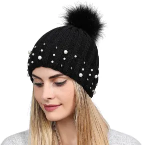Winter Beanie Hats for Women Warm Cable Knitted Faux Fur Pompom Beanies with Pearls Soft Thermal Skull Ski Cap Hat