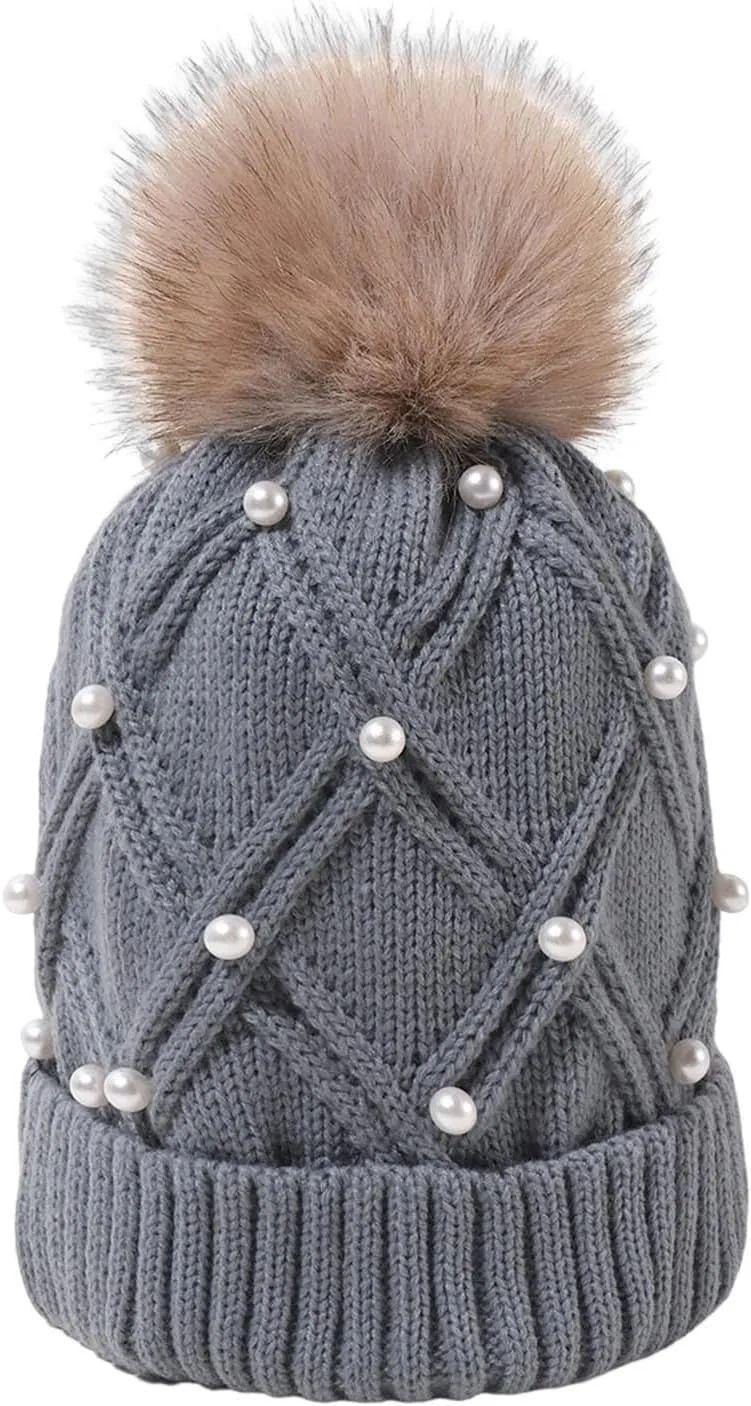 Winter Beanie Hats for Women Warm Cable Knitted Faux Fur Pompom Beanies with Pearls Soft Thermal Skull Ski Cap Hat