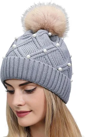 Winter Beanie Hats for Women Warm Cable Knitted Faux Fur Pompom Beanies with Pearls Soft Thermal Skull Ski Cap Hat