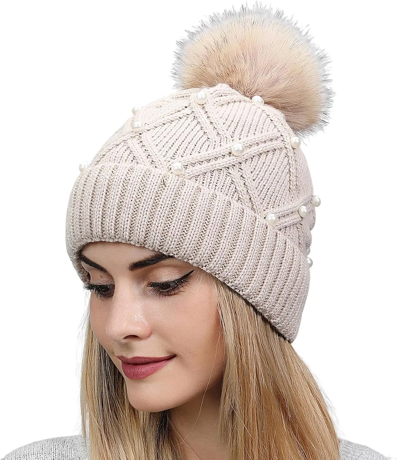 Winter Beanie Hats for Women Warm Cable Knitted Faux Fur Pompom Beanies with Pearls Soft Thermal Skull Ski Cap Hat