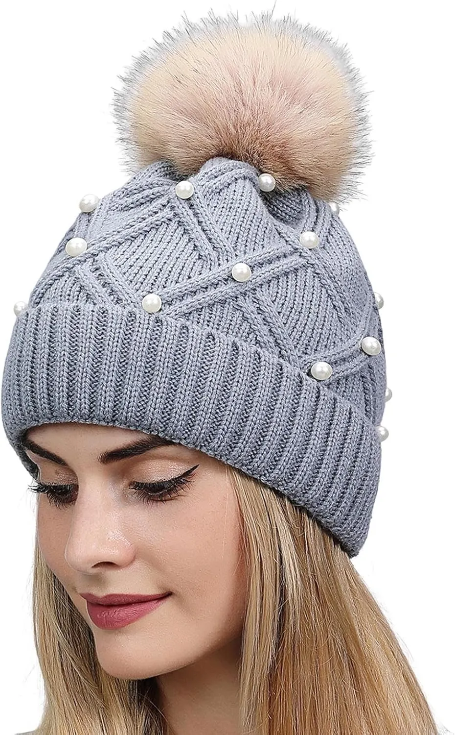 Winter Beanie Hats for Women Warm Cable Knitted Faux Fur Pompom Beanies with Pearls Soft Thermal Skull Ski Cap Hat