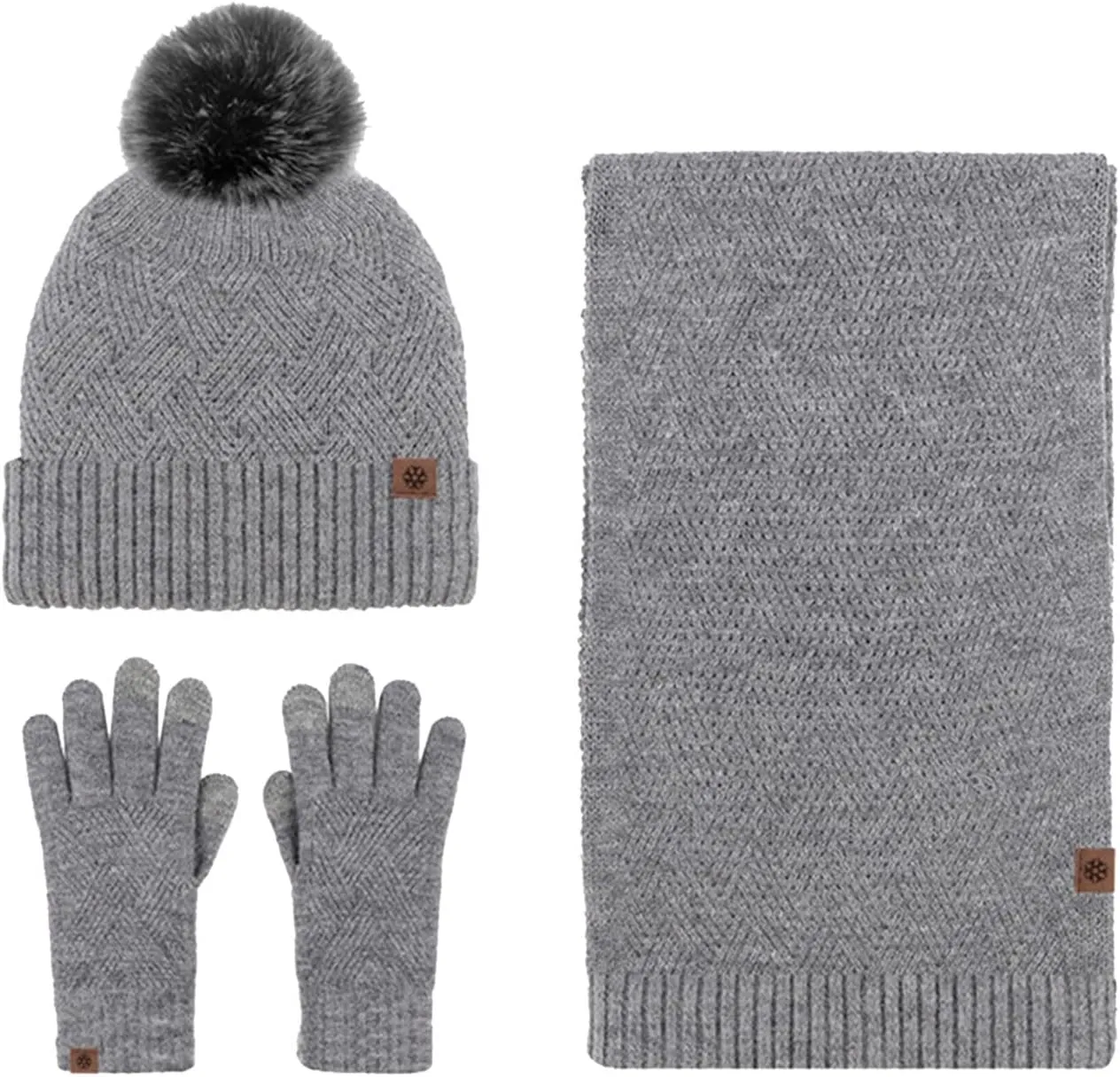 Winter Warm Beanie Knit Hat Neck Scarf Touchscreen Gloves Set with Wool Lined Snow Skull Caps Gifts for Women Men (Grey, One Size)